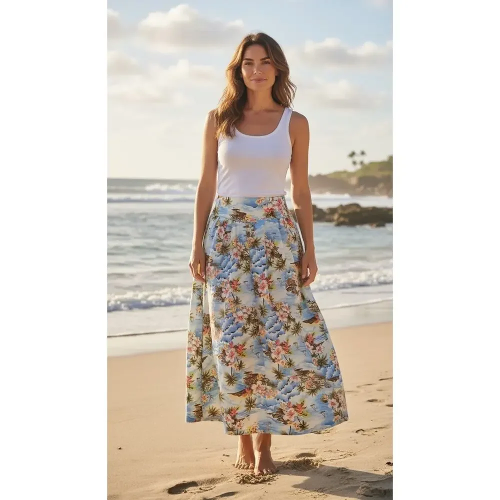 Lynt California UV‎ Protect Maxi Swing Skirt Sz M Blue Tropical Island Vacation